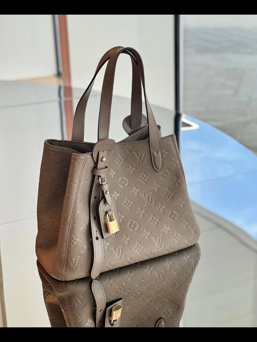 LV Luxury Embossed Leather Tote Bag in Taupe